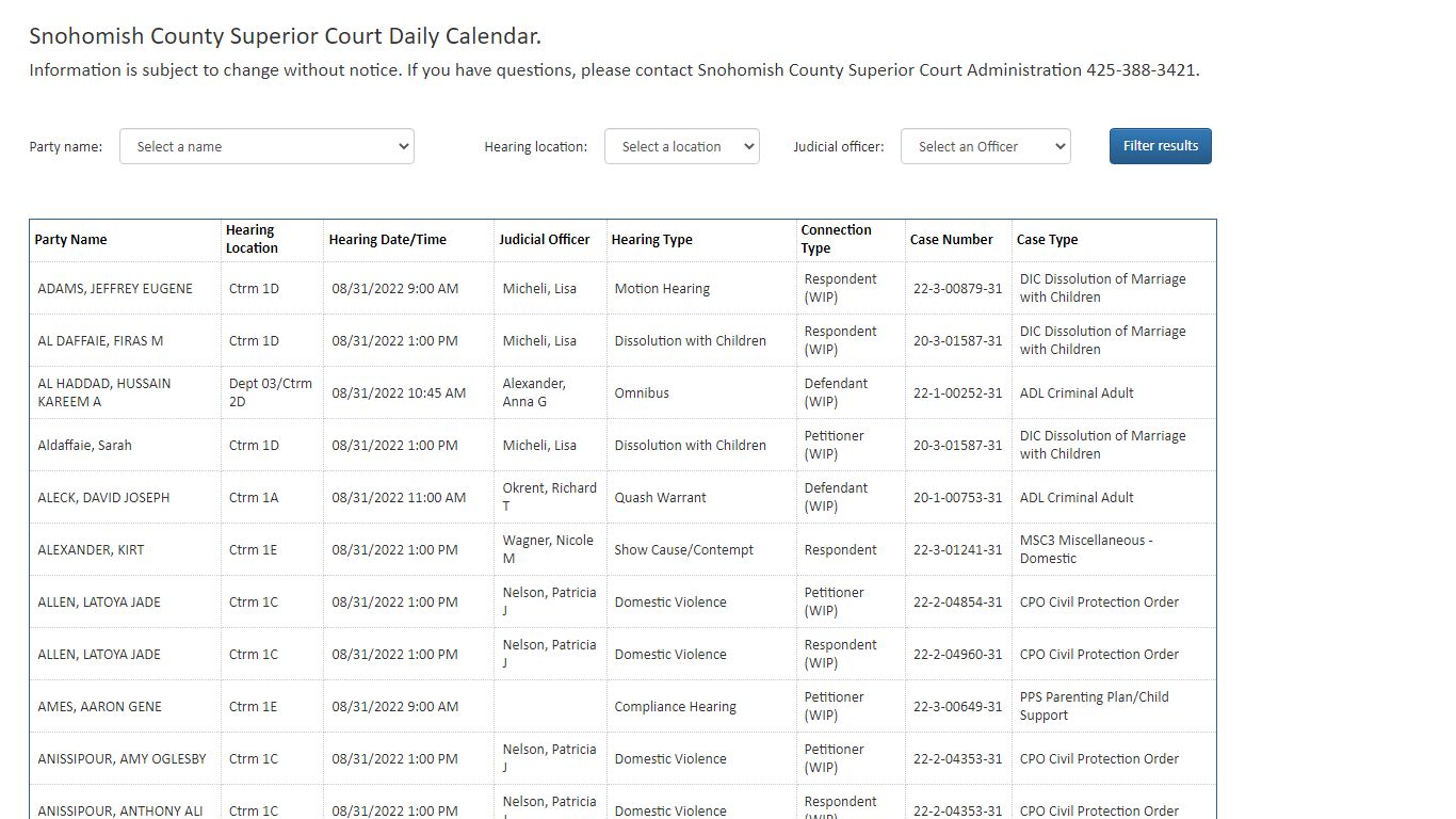 Snohomish County Superior Court Daily Calendar.